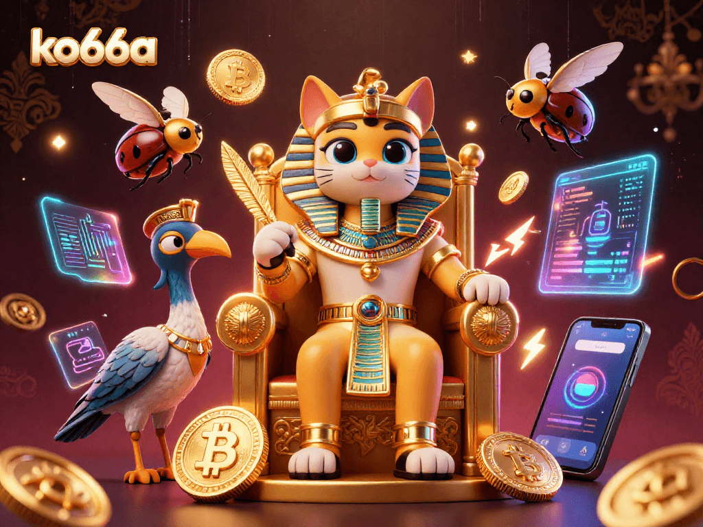Engage with ko66a in a visually rich 3D scene showcasing a royal pharaoh cat and cryptocurrency elements.