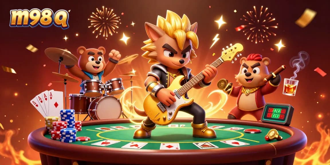 Catch the excitement of m98 q with a lively 3D casino scene featuring a rock star wolf, vibrant poker elements, and a festive atmosphere.