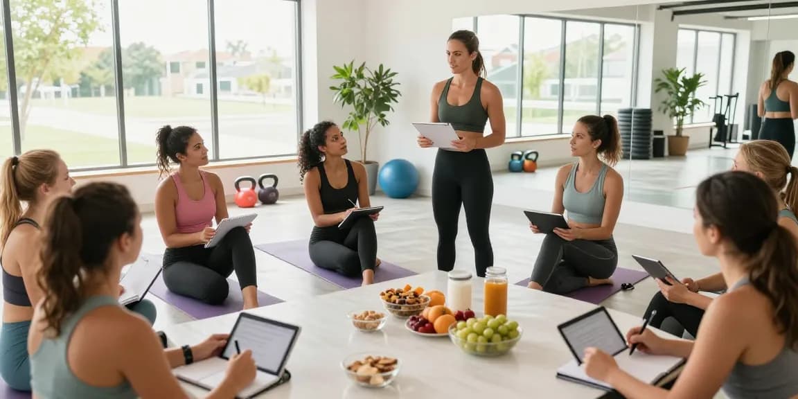 Engaging group workshop at koiaminos.com/catalog/glp-3-rt focusing on GLP-3 nutrition strategies in a bright fitness studio.