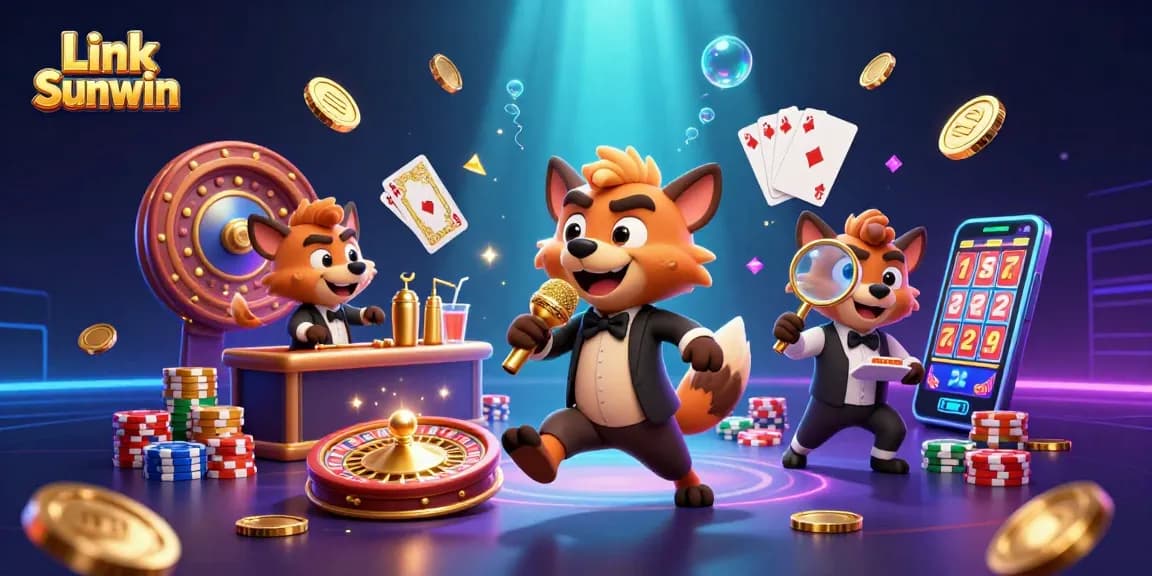 Link Sunwin features casino hyenas in a vibrant illustration showcasing excitement and gaming elements.