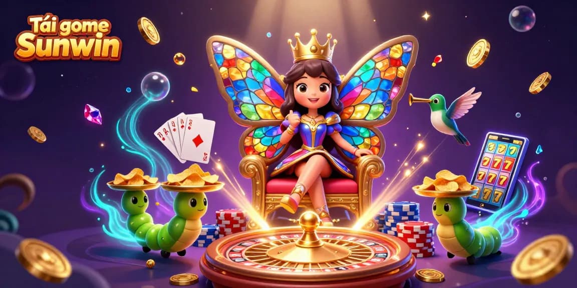 Tải game Sunwin with a vibrant illustrated scene of a butterfly queen, golden chips, and dynamic casino elements.