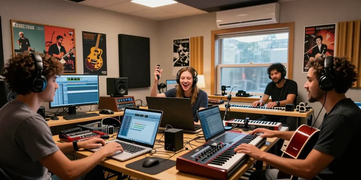 Collaborative music-making scene at BlastFM Limited studio demonstrating creativity and teamwork.