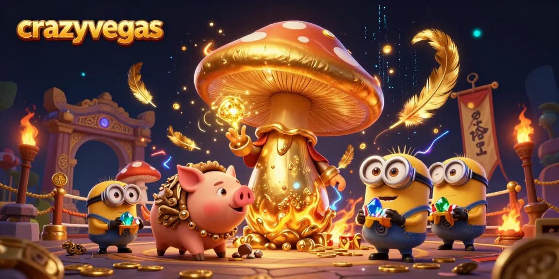 Experience magic and winning opportunities at crazyvegas with a golden mushroom wizard and treasure-filled scene.