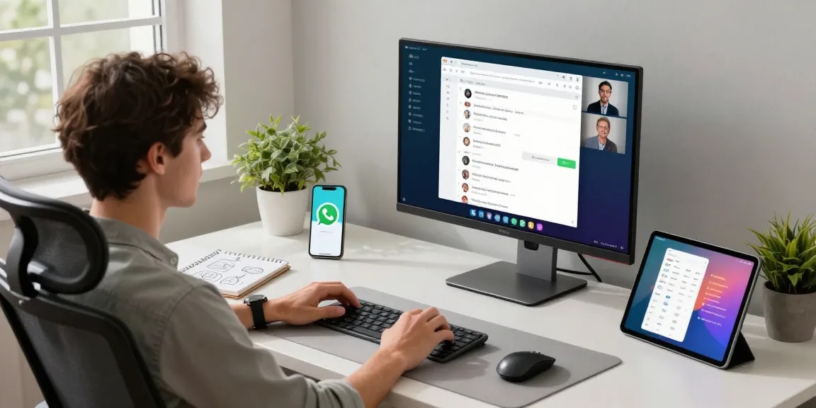 User interacting with WhatsApp電腦版 on a modern desktop setup showcasing productivity and technology.