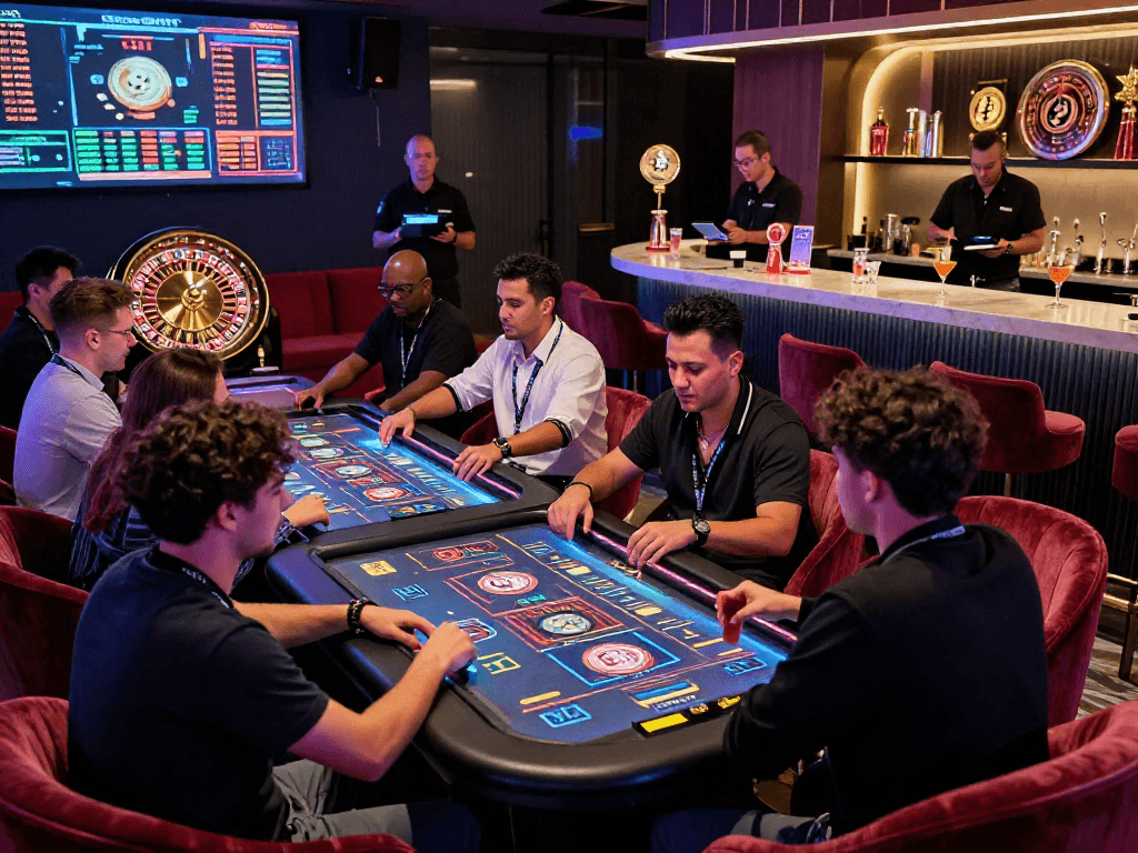 Dynamic crypto casino gaming experience highlighting players and digital interfaces with neon lighting.