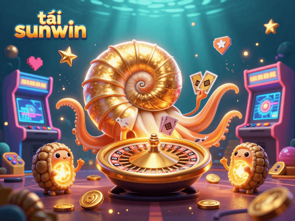 Play and win with tải sunwin in a vibrant 3D casino illustration filled with game elements.