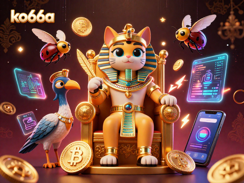 Engage with ko66a in a visually rich 3D scene showcasing a royal pharaoh cat and cryptocurrency elements.