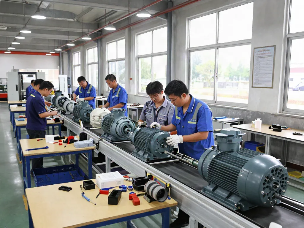 Motors eléctricos Venezuela en una instalación de fabricación, técnicos inspeccionando motores eléctricos en la línea de producción