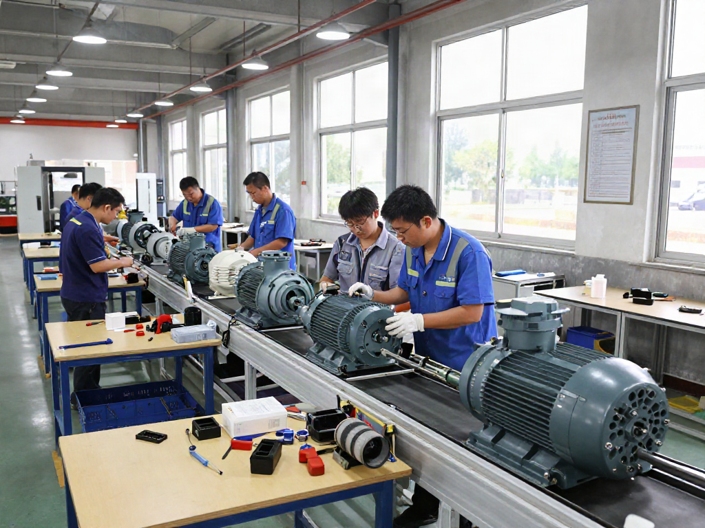Motors eléctricos Venezuela en una instalación de fabricación, técnicos inspeccionando motores eléctricos en la línea de producción