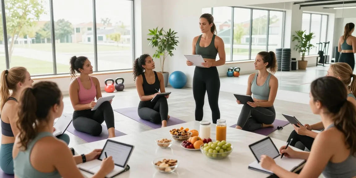 Engaging group workshop at koiaminos.com/catalog/glp-3-rt focusing on GLP-3 nutrition strategies in a bright fitness studio.