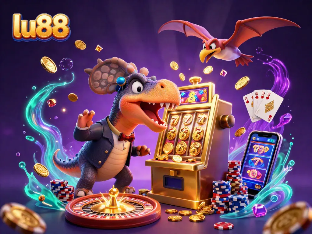 lu88 slot machine pays out coins as animated dinosaurs create chaos in the casino.