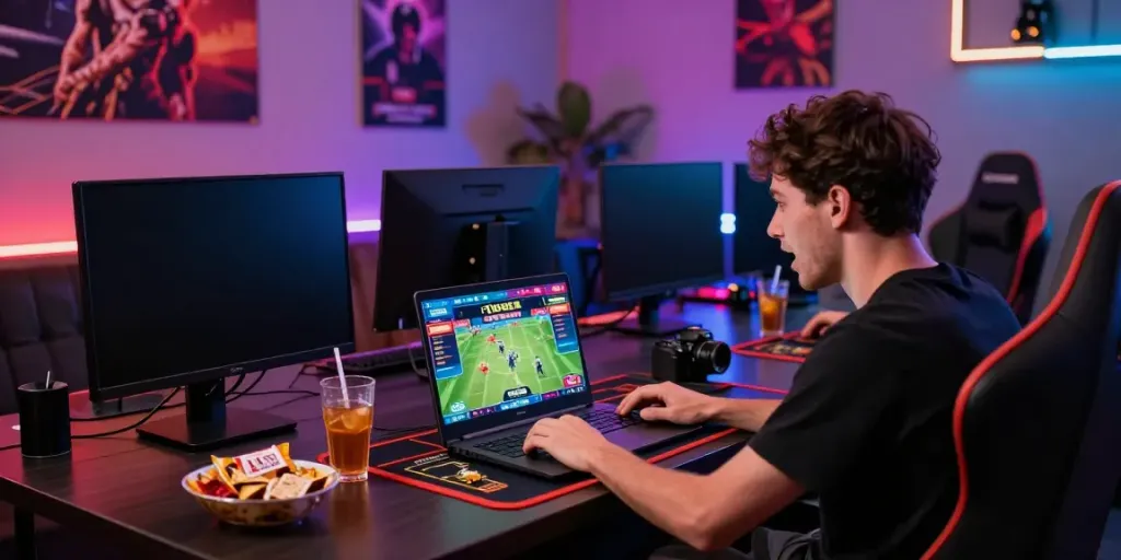 Engaging scene of a person enjoying online betting with 11bet app on laptop in a colorful gaming lounge.