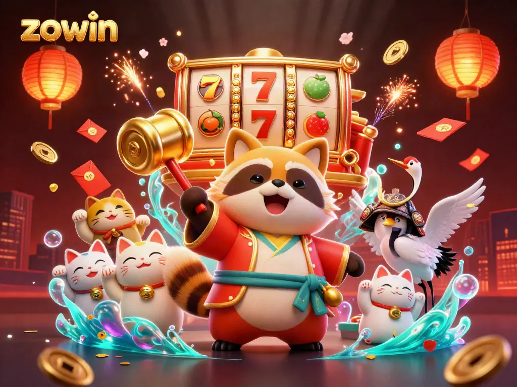 Zowin-themed illustration featuring a cheerful tanuki, lucky symbols, and vibrant casino elements.