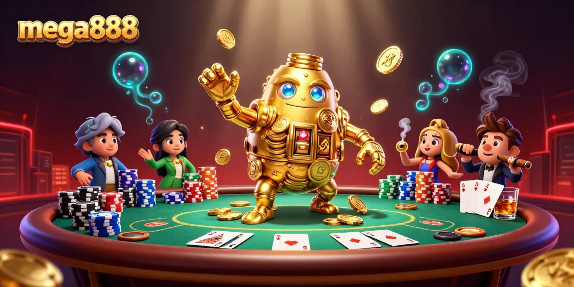 Engage with mega888's thrilling online slots featuring dynamic golden golems and vibrant poker elements.