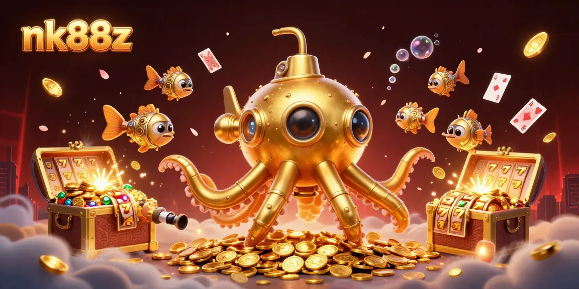 Experience thrilling wins at nk88z with captivating slot reels and a golden kraken submarine!