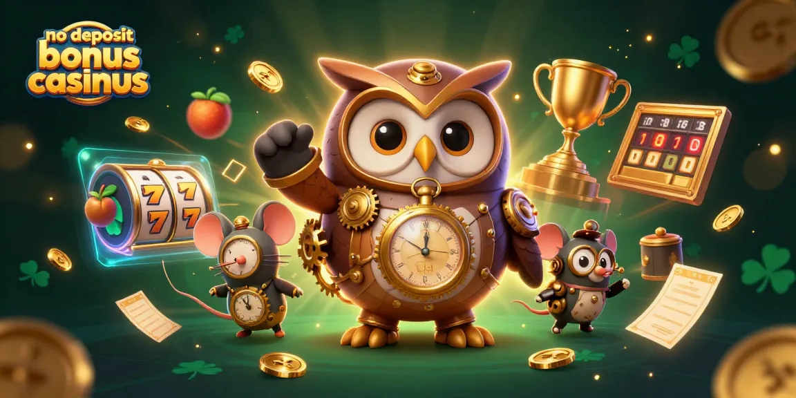 Experience the thrill of no deposit bonus casinous with an owl and clockwork mouse amidst vibrant casino elements.