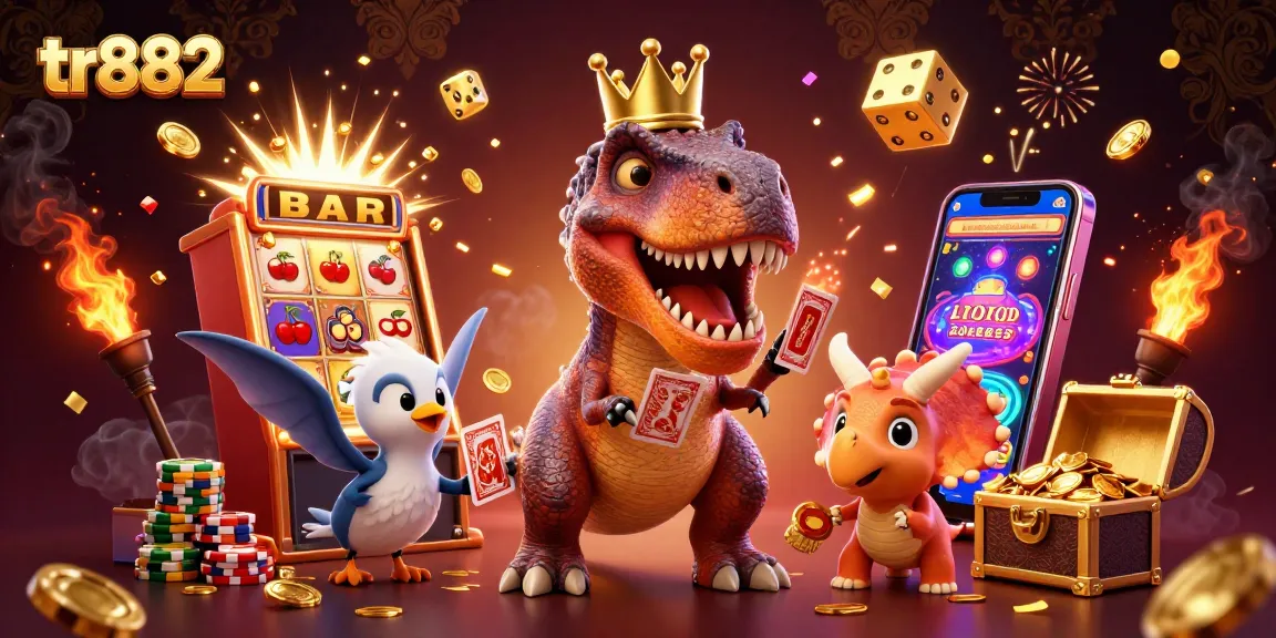 tr882 presents a lively scene with a T-Rex playing cards while golden chips stack up, featuring interactive casino elements.