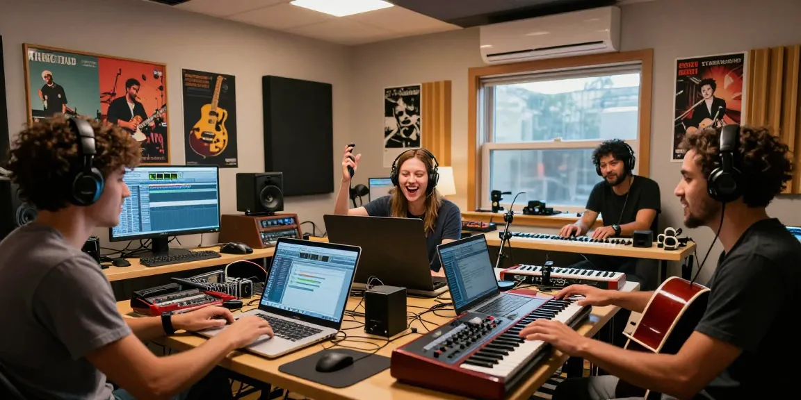 Collaborative music-making scene at BlastFM Limited studio demonstrating creativity and teamwork.