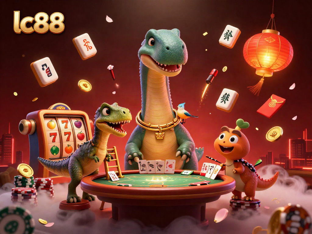lc88 showcases a brontosaurus and clever raptor in a vibrant casino scene, enhancing the gaming atmosphere.