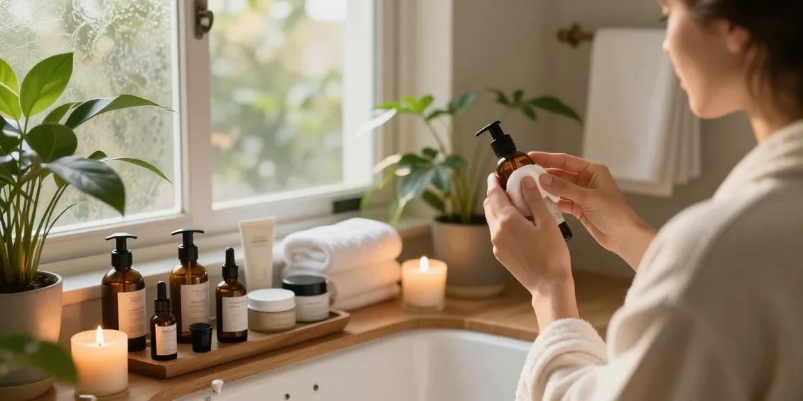 Applying Balance and Refresh Toner in a serene bathroom setting with greenery and soft light