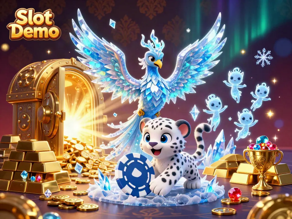 Spin with glorious Slot Demo as an ice phoenix and snow leopard celebrate winnings with sparkling gems.