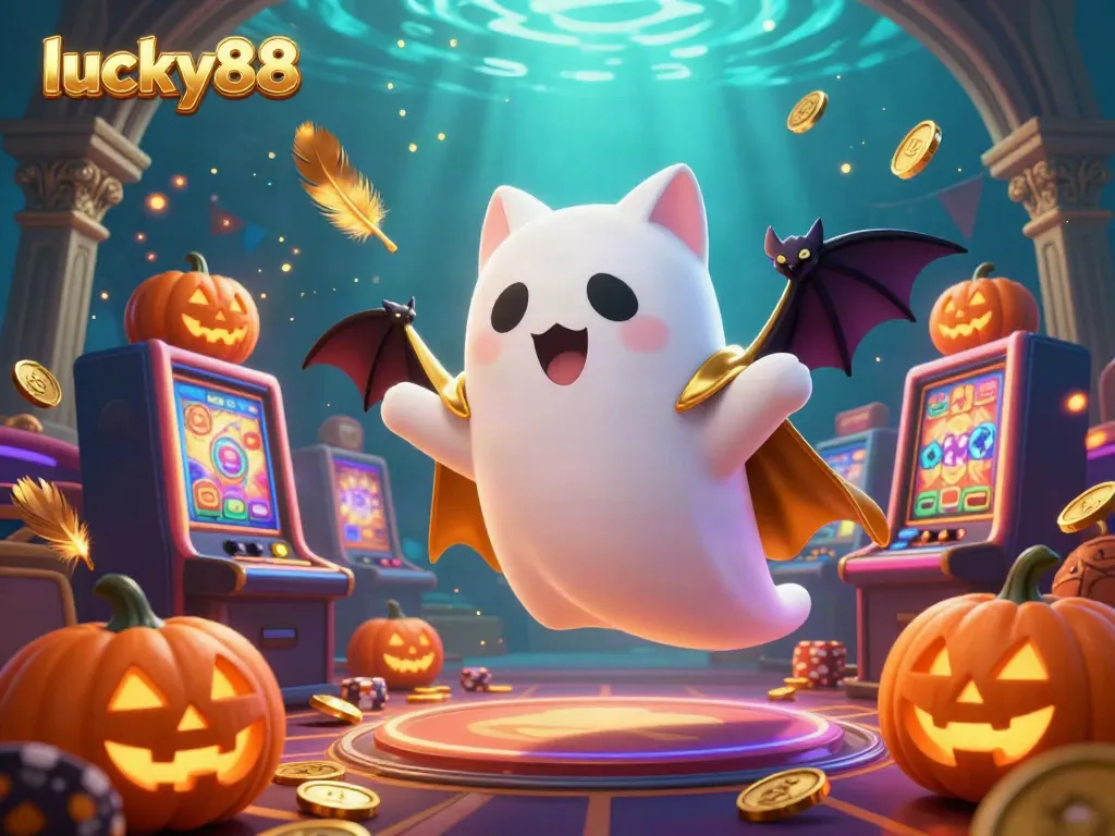 Engage with the action at lucky88, showcasing a friendly ghost cat and a vampire bat in a lively casino environment filled with dynamic game elements.