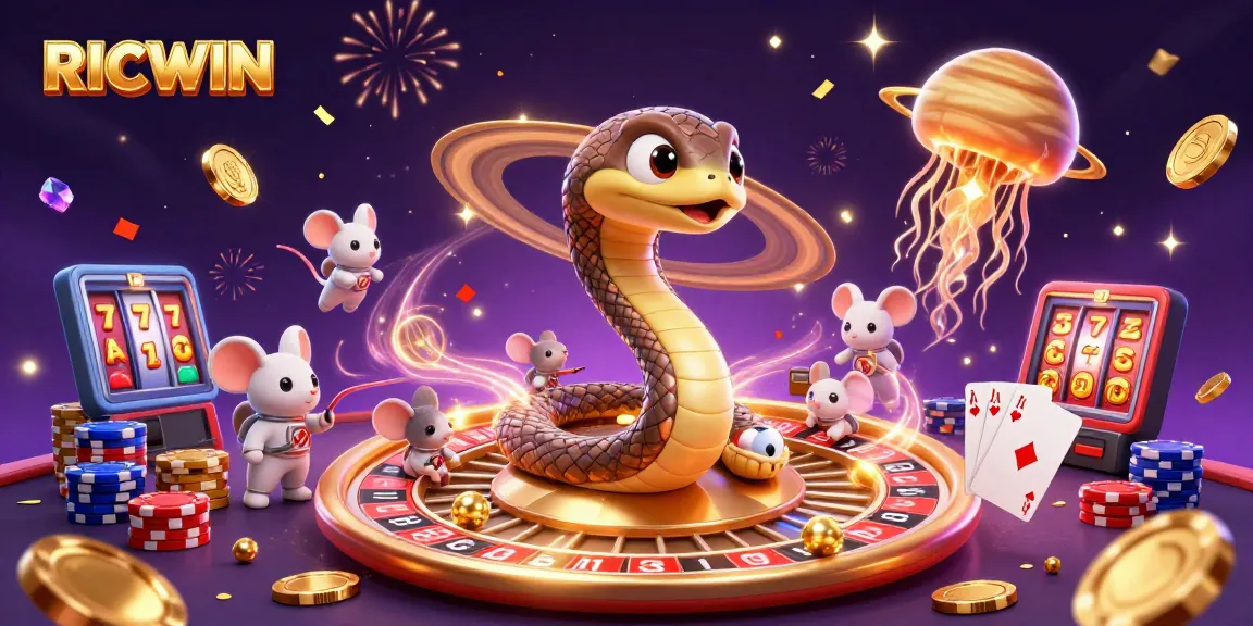 Experience RICWIN with animated casino elements and a vibrant cosmic atmosphere.