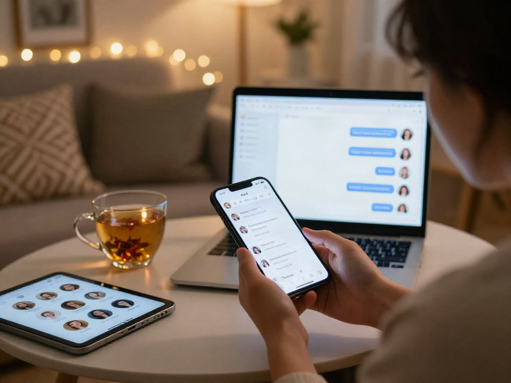 Engaging in a sex chat AI conversation on a smartphone in a cozy setting with ambient lighting and a laptop display.