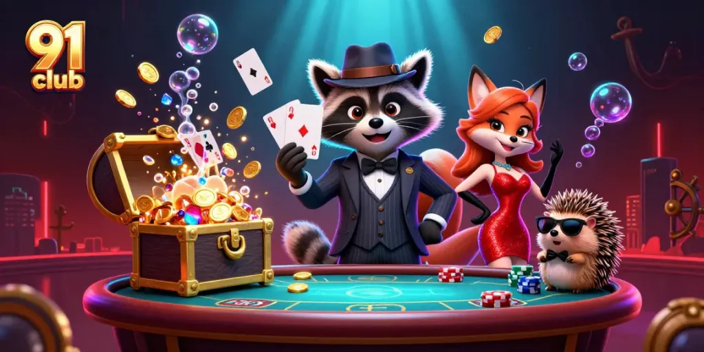 Engage with the 91 club in a vibrant casino scene featuring characters and dynamic gaming elements.