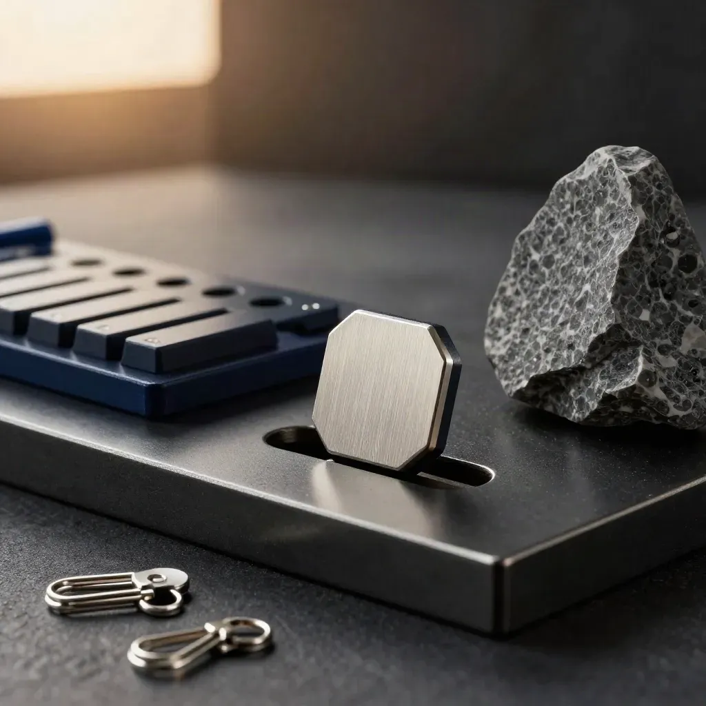 Brushed metal workflow tokens and clips on a dark studio plinth with dramatic rim light.