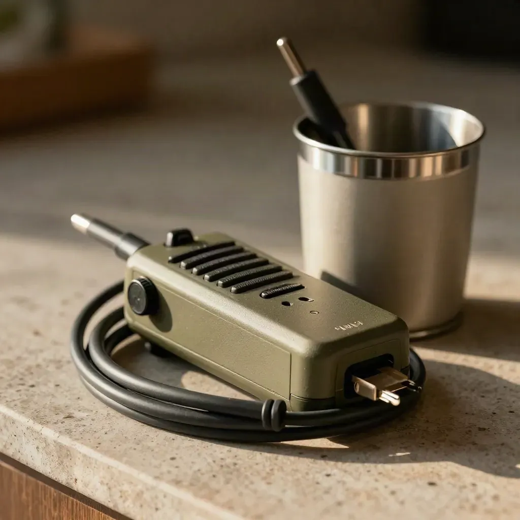 Macro still life of radio dock, charging cable and pen cup on stone counter
