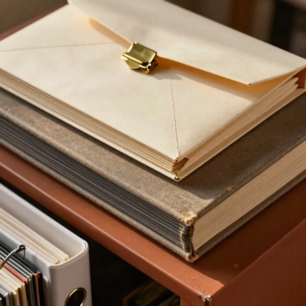 Top-down archive kit with envelope box, brass clips and ledger case in warm light