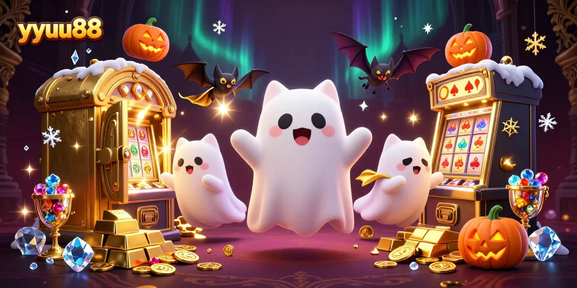 Experience winning thrills at yyuu88 with a fantastical ghost cat in a vibrant casino scene.