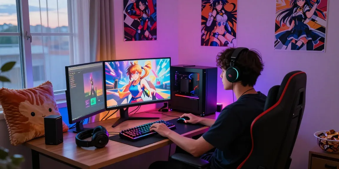 Engaged gamer enjoying a hentai game online in a colorful, cozy gaming setup.