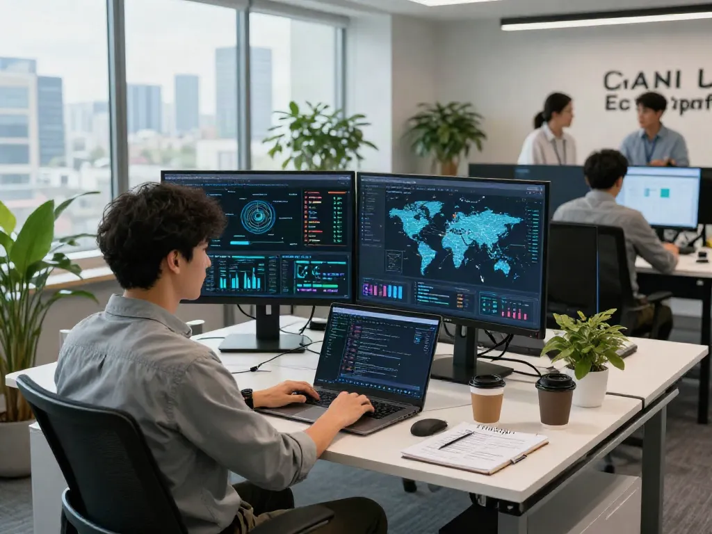 Cyber intelligence firm analyst monitoring real-time cyber threats in a high-tech office environment with multiple screens.