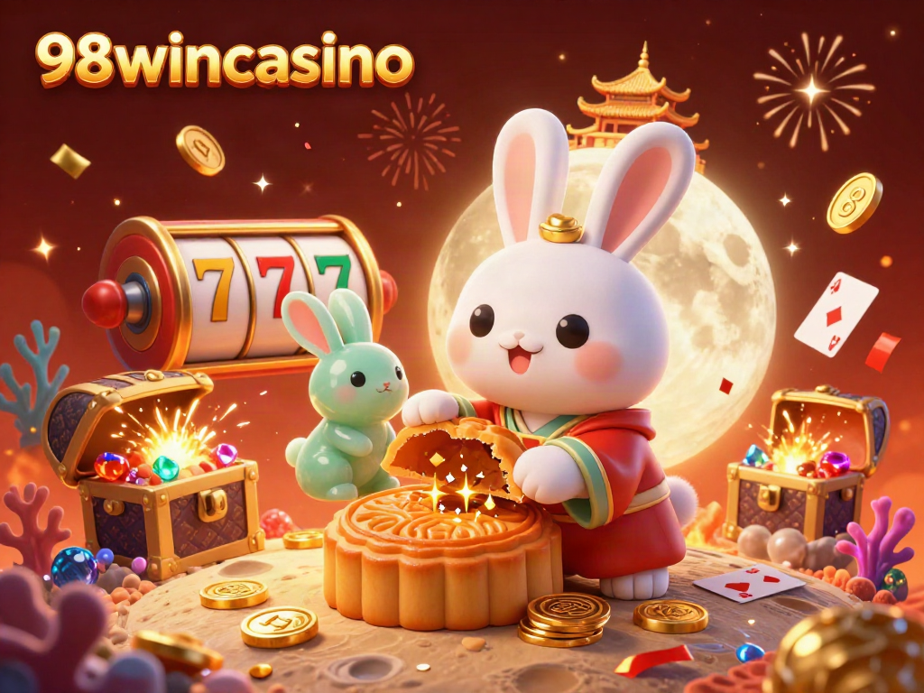 Celebrate with 98wincasino's vibrant gambling scene showcasing a moon rabbit, poker chips, and festive elements.