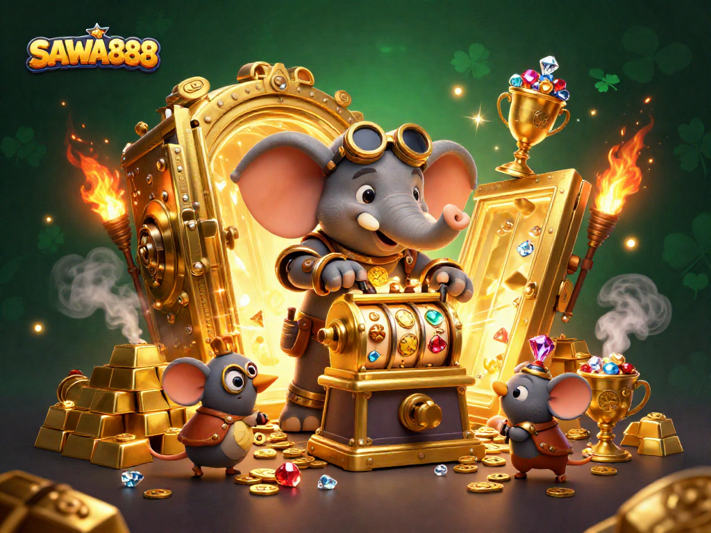 Experience exciting gameplay on SAWA888 with vibrant slots and dynamic characters amidst golden treasures.