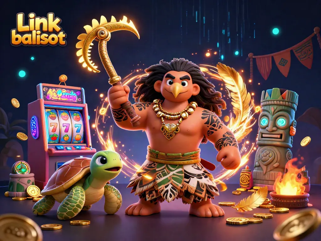 Experience the thrills of Link balislot with a dazzling 3D scene featuring Hawaiian characters and casino elements.