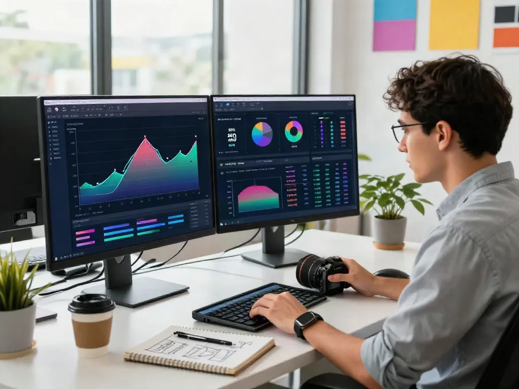 SEO specialist analyzing instant indexing metrics in a vibrant marketing office.
