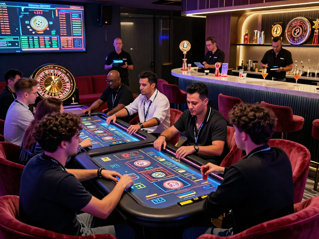 Dynamic crypto casino gaming experience highlighting players and digital interfaces with neon lighting.