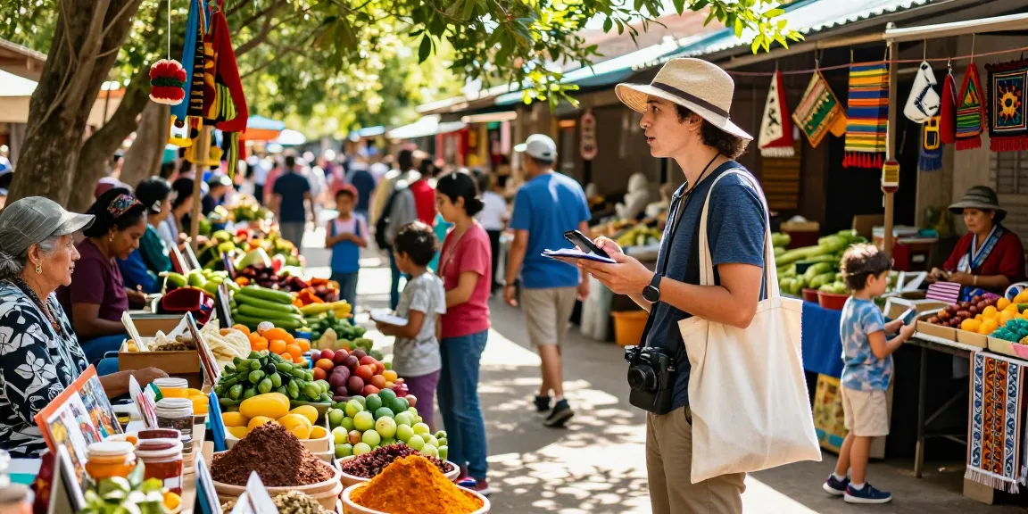 Engaged traveler discovering local flavors at the vibrant market, using the local guide app to connect with vendors and learn about cuisine.