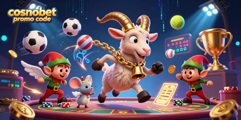 Experience the thrill of Cosmobet promo code with festive Krampus and cheering characters in a vibrant casino scene.
