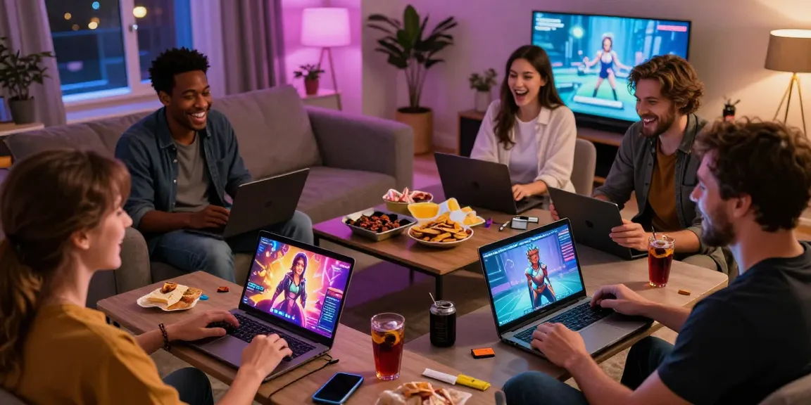 Exciting group playing ero games on multiple devices in a stylish living room.