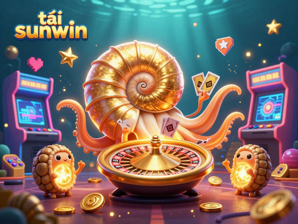 Play and win with tải sunwin in a vibrant 3D casino illustration filled with game elements.
