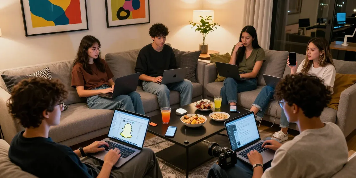 Social gathering discussing Snapchat trends and updates, featuring friends in a cozy atmosphere.