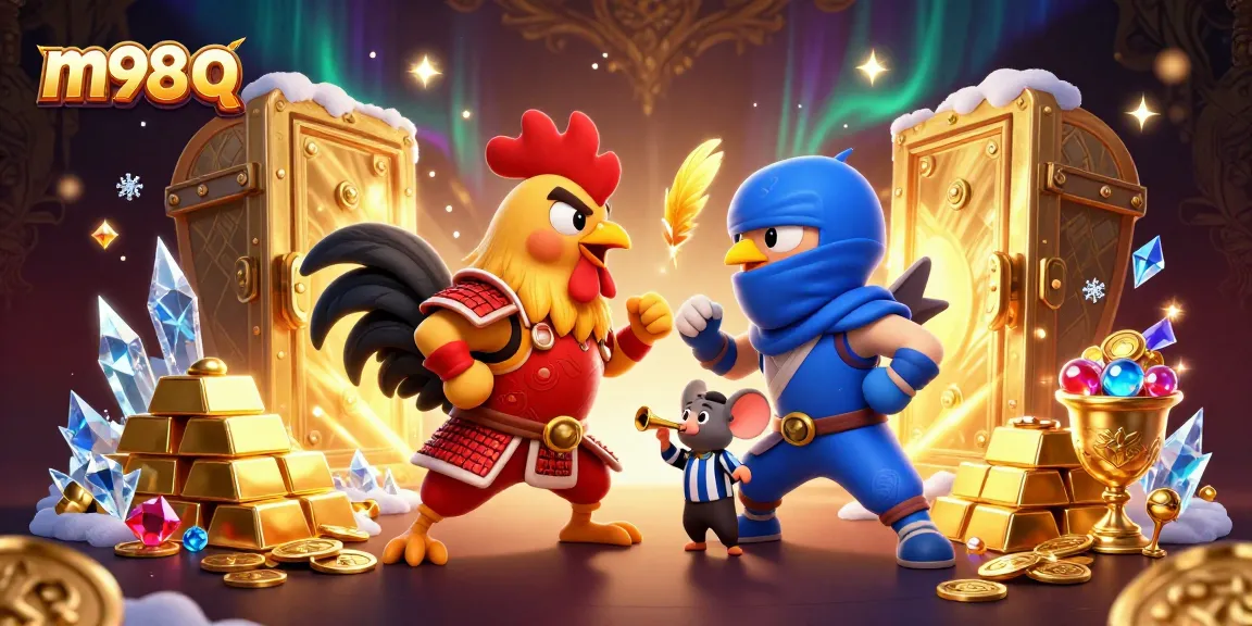 m98 q's animated roosters in battle surrounded by treasure and sparkles in a colorful, rich casino scene