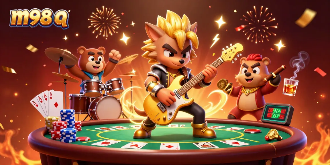 Catch the excitement of m98 q with a lively 3D casino scene featuring a rock star wolf, vibrant poker elements, and a festive atmosphere.