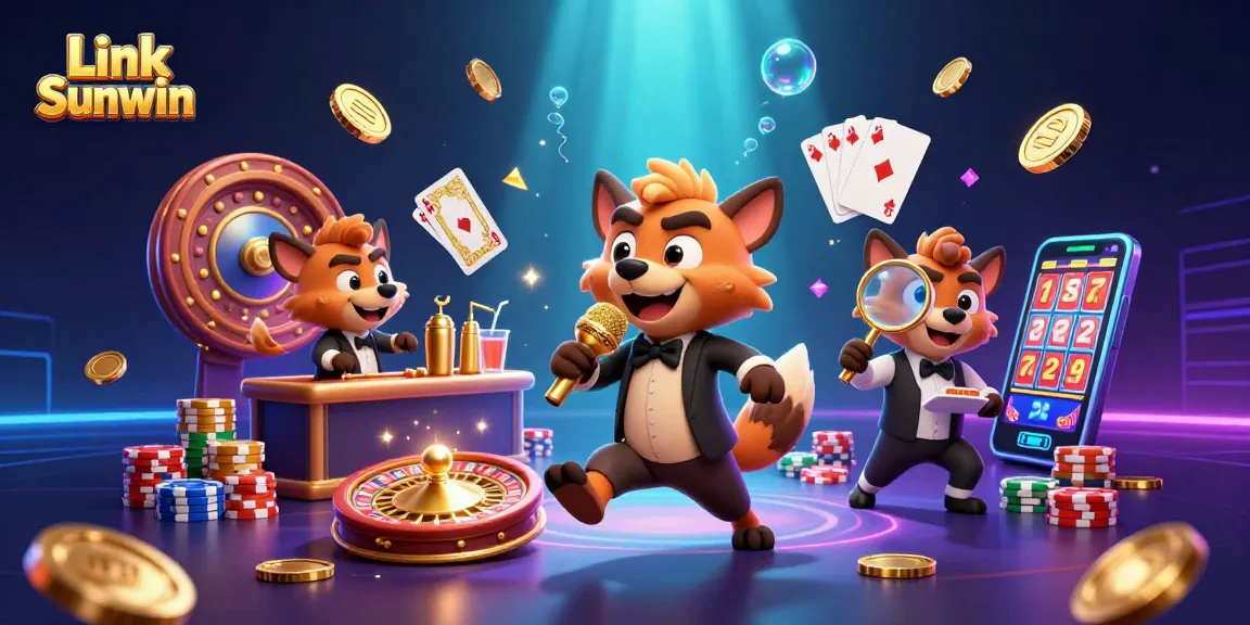 Link Sunwin features casino hyenas in a vibrant illustration showcasing excitement and gaming elements.