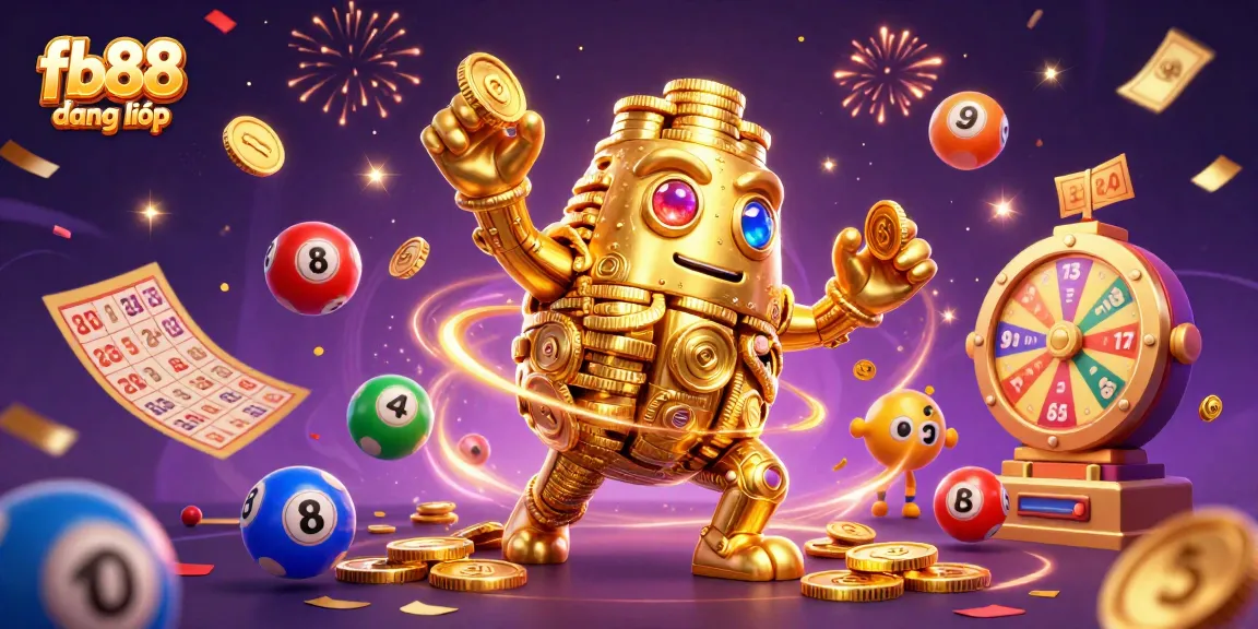 Experience winning moments with fb88 đăng nhập, featuring vibrant lottery elements and a dynamic golden golem in a lively casino scene.