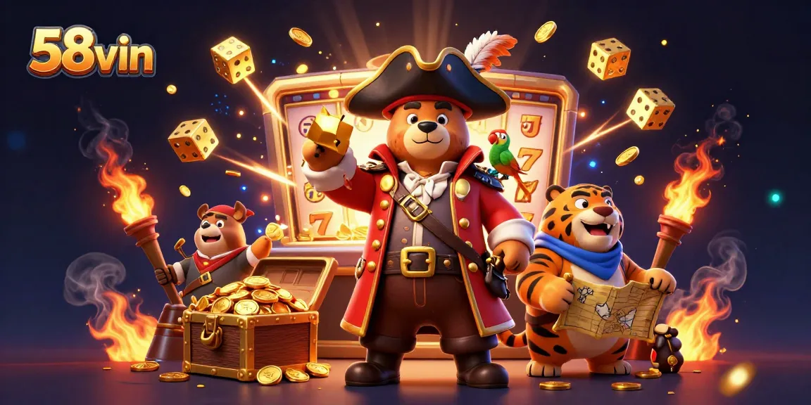 Experience thrilling wins at 58vin with a vibrant casino scene featuring pirate characters and jackpot excitement!